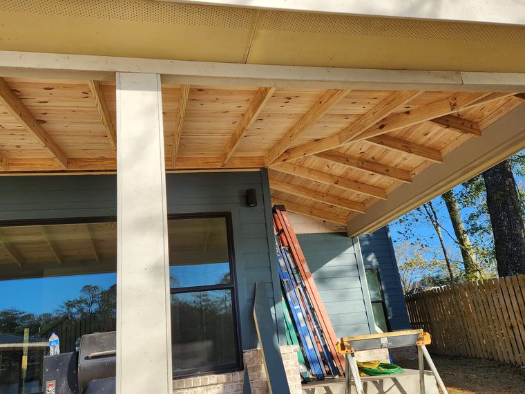 Porch with wood ceiling